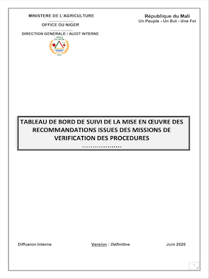 Tableau de bord de suivi de la mise en œuvre des Recommandations issues des missions de Verification des procedures 
